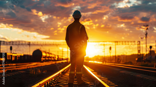 Silhouette of a man in a hard hat at sunset standing firmly in front of expansive train tracks embodying determination