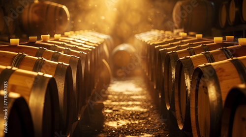 The golden glow of lantern light casting shadows on rows of aged barrels capturing the warmth and legacy of Spanish wine culture photo