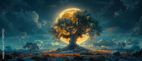 An ancient tree lit by the dramatic side light of a full moon casting long haunting shadows across the land © KN Studio