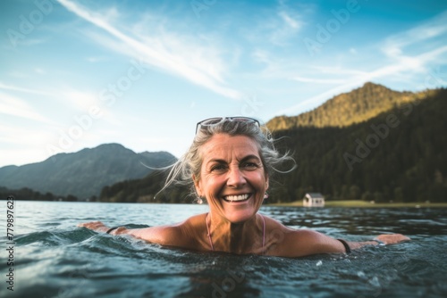 Joyful mature woman swimming in a mountain lake with a selfie perspective © NikoG