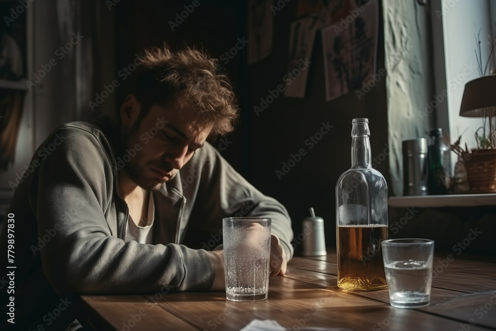 Troubled Young Man with Alcohol Bottle in a Dimly Lit Room
