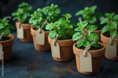Potted oregano plants with blank tags, concept of culinary gardening