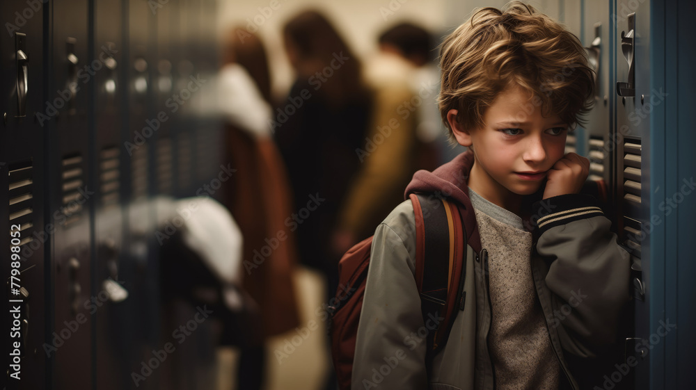 Pensive Boy with Backpack Standing by School Lockers Pensive Boy with Backpack Standing by School Lockers