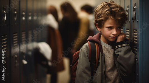 Pensive Boy with Backpack Standing by School Lockers