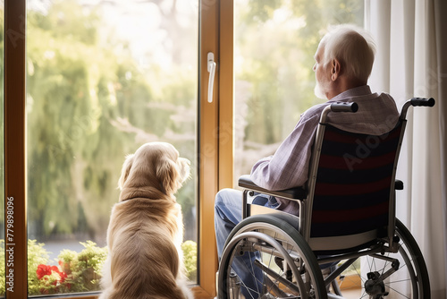 Concept loneliness elderly, friendship people and animal. Lonely sad senior humon in wheelchair looking out window with pet dog. photo