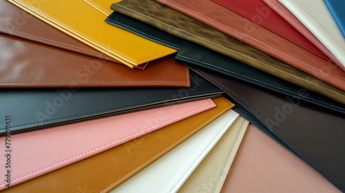 Assorted Leather Samples Material Swatches in Diverse Colors and Textures - Leather Fabric Samples for Fashion and Upholstery Design photo
