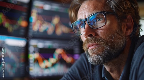 A man with glasses looking at a screen of stock prices, AI
