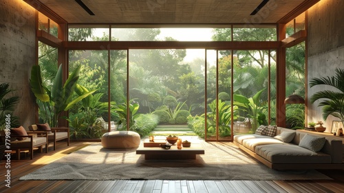 Illustration of an interior landscape of a villa in the tropics on an island in summer photo