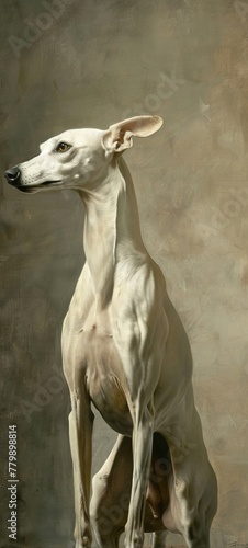 A sleek greyhound in profile, its slender neck extended gracefully, with a muted taupe backdrop