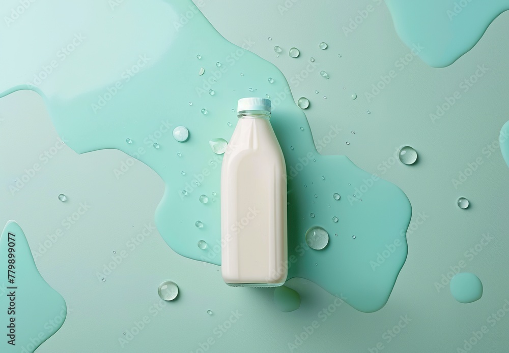 A bottle of yogurt in the middle of neutral background of soft blue and green colors with small drops of water. Poster design with a bottle of natural yogurt. A bottle of yogurt in the middle of neutral background of soft blue and green colors with small drops of water. Poster design with a bottle of natural yogurt.
