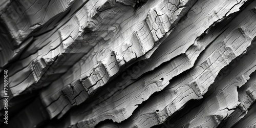 Bark texture close-up perspective, presented in a classic white and black color scheme. photo