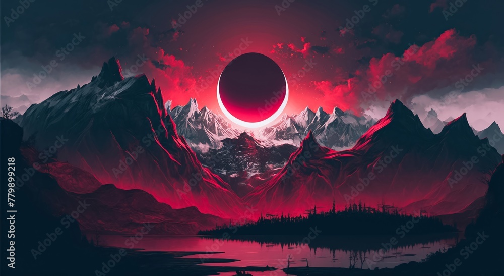 Mystical Lunar eclipse above the mountain, Red blood moon and landscape V4. - obrazy, fototapety, plakaty 