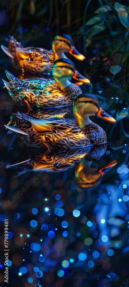 Ducks with glowing beaks swimming in a pond, their reflections creating a dazzling light show on the water Ducks with glowing beaks swimming in a pond, their reflections creating a dazzling light show on the water