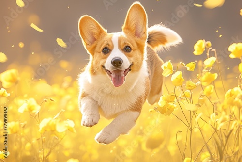 A happy dog jumping over the camera in front of yellow flowers