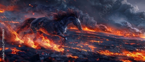 Dark Dragon Horse galloping across a lava-filled landscape, its hooves sparking flames, reflecting its untamed spirit and strength