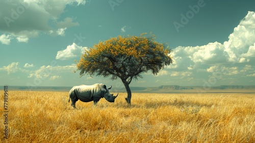 Infant rhino under a tree, African plains background with room for text, great for endangered species awareness campaigns photo