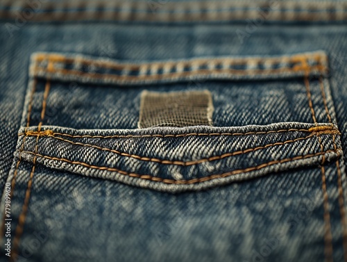 A close up of a pair of jeans with a pocket. The pocket is torn and frayed, and the jeans are faded blue