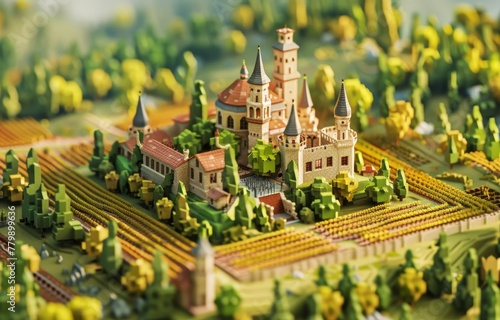 Miniature isometric world with sprawling vineyards and a central castle during harvest