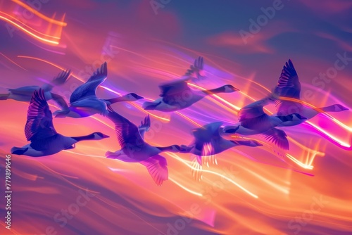 Neon geese flying in formation against a twilight sky, their bodies leaving trails of light as they migrate