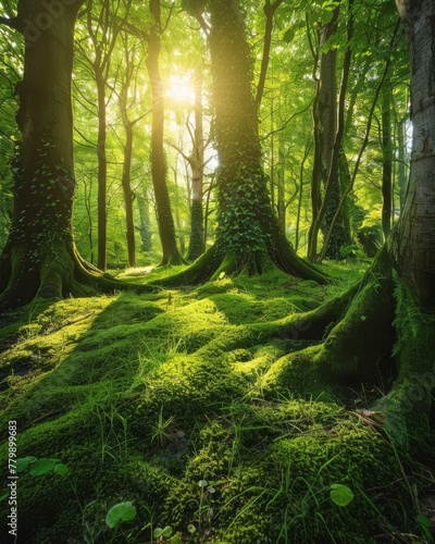 Lush green forest with tree trunks shaped like pound signs, sunlight piercing through