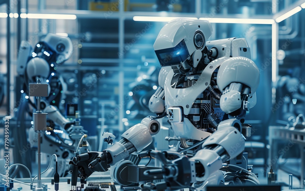 Robotics engineer in 3D, designing and testing new robot models in a high-tech lab, its circuits buzzing with innovation Robotics engineer in 3D, designing and testing new robot models in a high-tech lab, its circuits buzzing with innovation