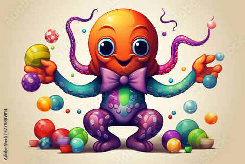 A playful octopus wearing a bowtie, juggling colorful balls.