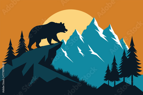 Silhouette of bear climb up hill , vector illustration .AI Generated .