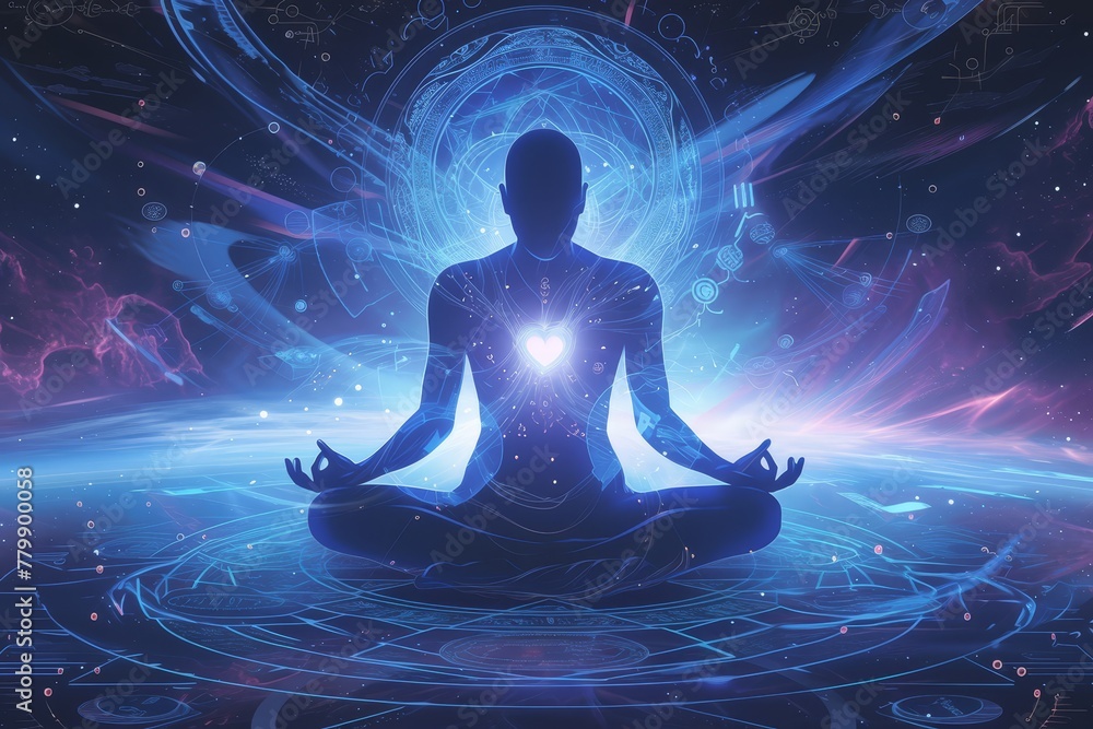 A human figure in lotus pose is shown with glowing chakras set against an abstract cosmic background. 