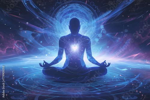 A human figure in lotus pose is shown with glowing chakras set against an abstract cosmic background. 