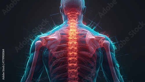 A human back with glowing red pain points on the spine, radiating from behind and down to both shoulders.