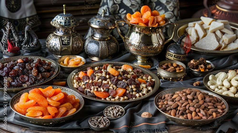An arrangement of dried fruits and nuts, prepared for breaking the fast, but with no one around