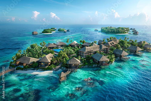 A 3D depiction of a luxurious resort on a remote island, the epitome of summer escape.