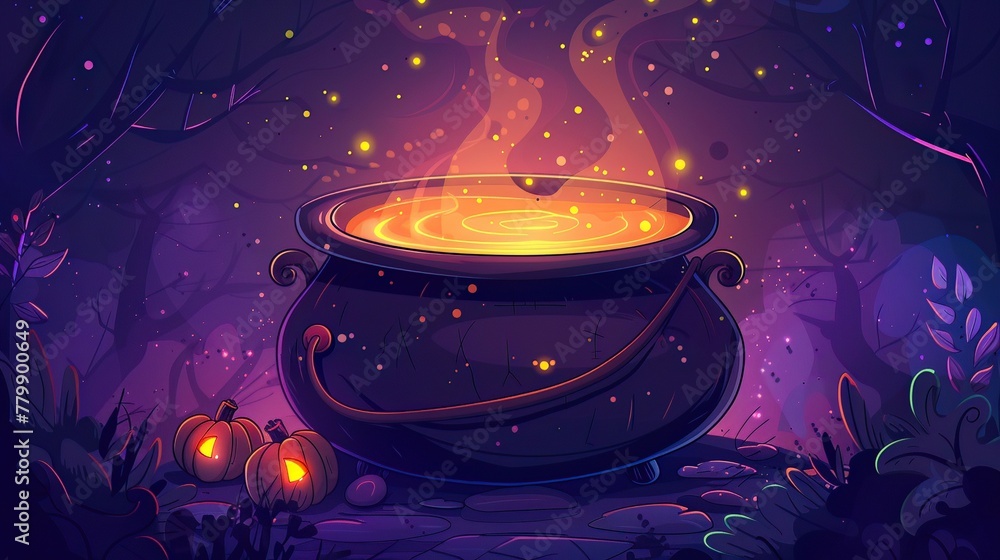Cartoon witch cauldron bubbling over, magical brew theme, perfect for Halloween recipe book promos