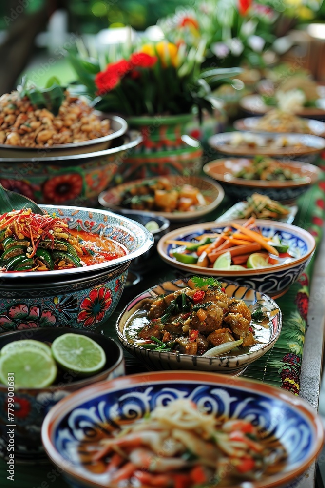Closeup of a traditional Thai food spread, prepared for Songkran feast, capturing the vibrant colors and textures