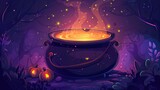 Cartoon witch cauldron bubbling over, magical brew theme, perfect for Halloween recipe book promos