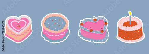 Set of cute cake stickers in retro style. The illustration is hand drawn. Concept birthday, party, wedding.