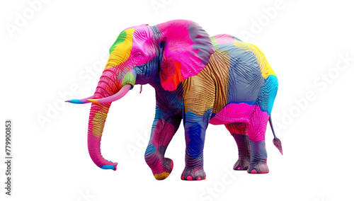 A colorful elephant stands on a white background 