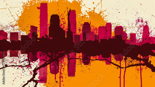 A stylized city skyline in red and yellow tones with splattered paint and grunge textures.