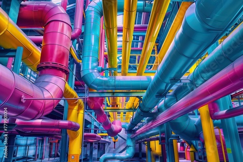 Industrial maze of pipes, vivid colors weave through factory