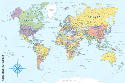 Fototapeta Naklejka Na Ścianę i Meble -  World Map - Highly Detailed Colored Vector Map of the World. Ideally for the Print Posters.
