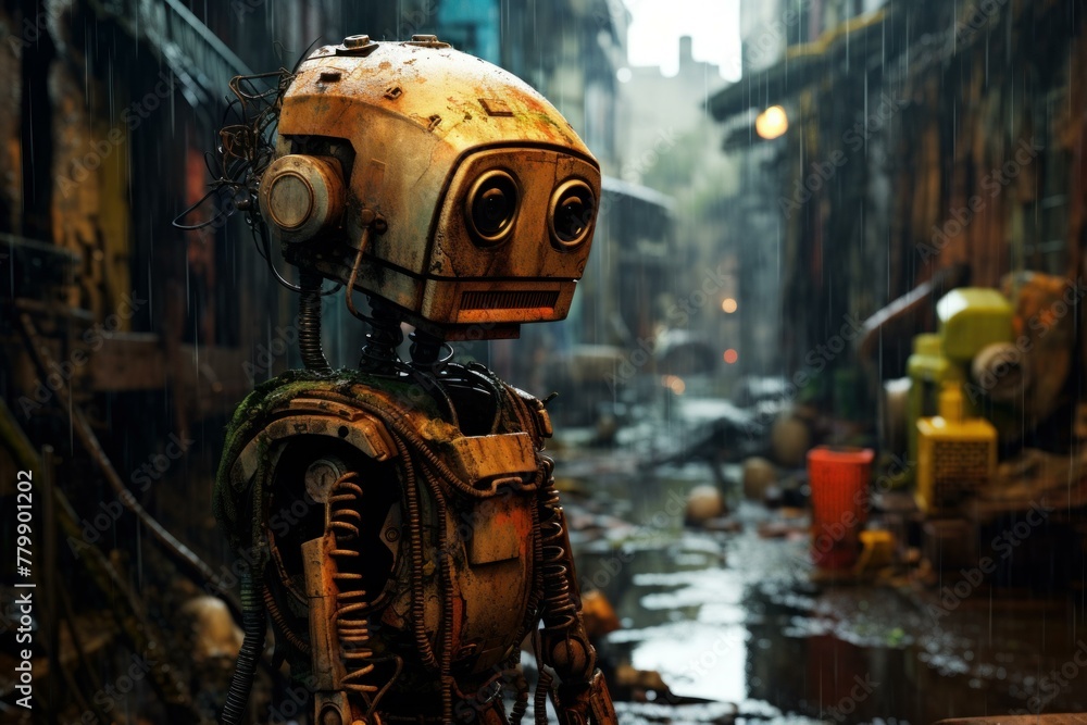Metallic Rusty robot trash. Cyber punk robotic technology metal waste. Generate ai