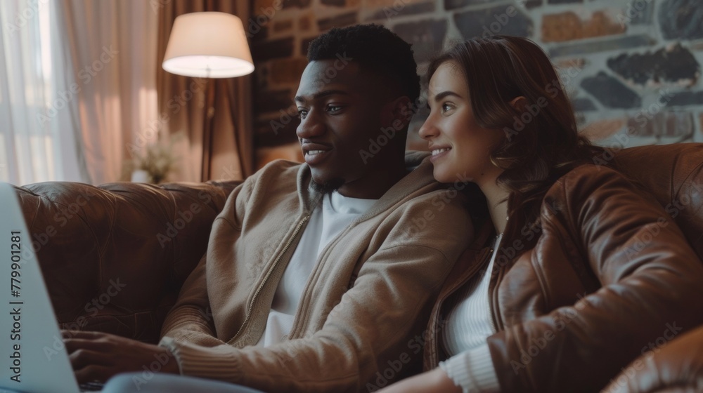 A man and woman sitting on a couch looking at their laptop, AI A man and woman sitting on a couch looking at their laptop, AI