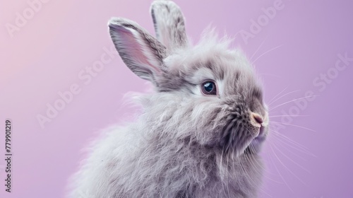 A fluffy angora rabbit, ears at attention, profiled on a gentle lavender background