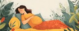 Pregnant woman finding comfort and solitude in a peaceful natural setting with lush greenery and soothing support pillows