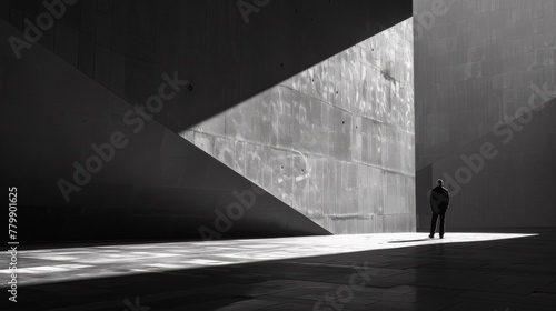 A man standing in a large empty room with the sun shining through, AI