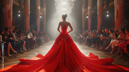 Elegant Woman in Red Gown Gracing Fashion Show Runway photo