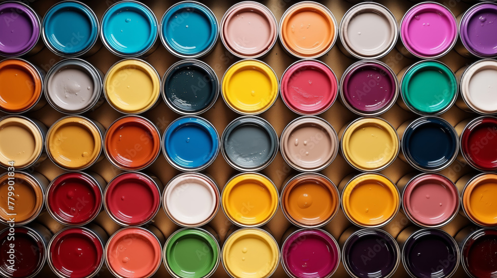 Flat lay open cans of color paint, top view.