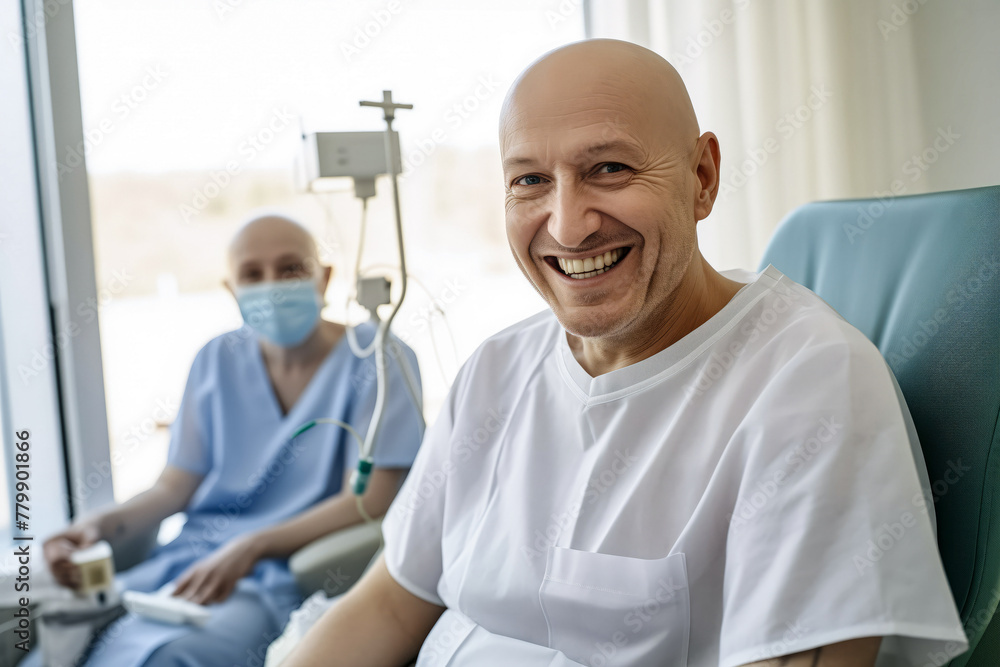 Fototapeta premium Concept desire for life, treatment of fatal disease. Cancer patient Bald man smiling in hospital bed, drip stand in background, conveying hope and positivity.