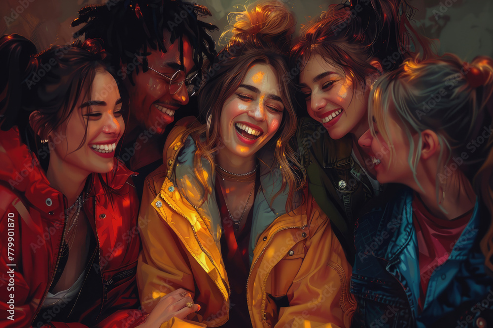 A group of friends laughing and talking together