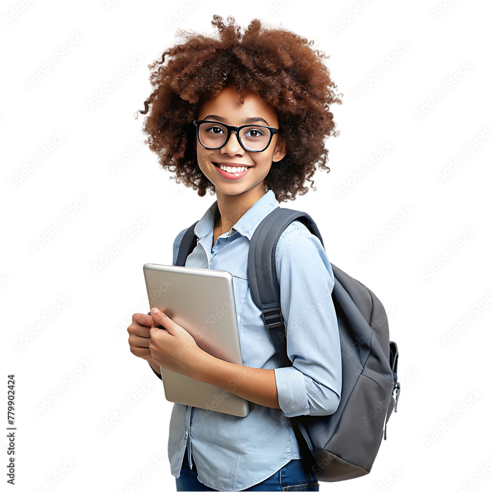 young curly student woman wearing backpack glasses